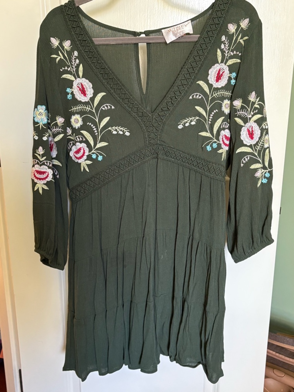 Francesca’s • Embroidered Olive Green V-Neck Dress